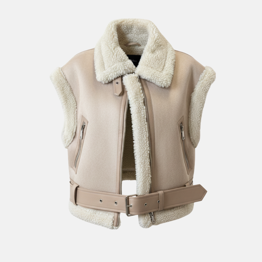 Women’s Vest Jacket - Faux Leather - Sleeveless - Notched Collar - Belted Waist