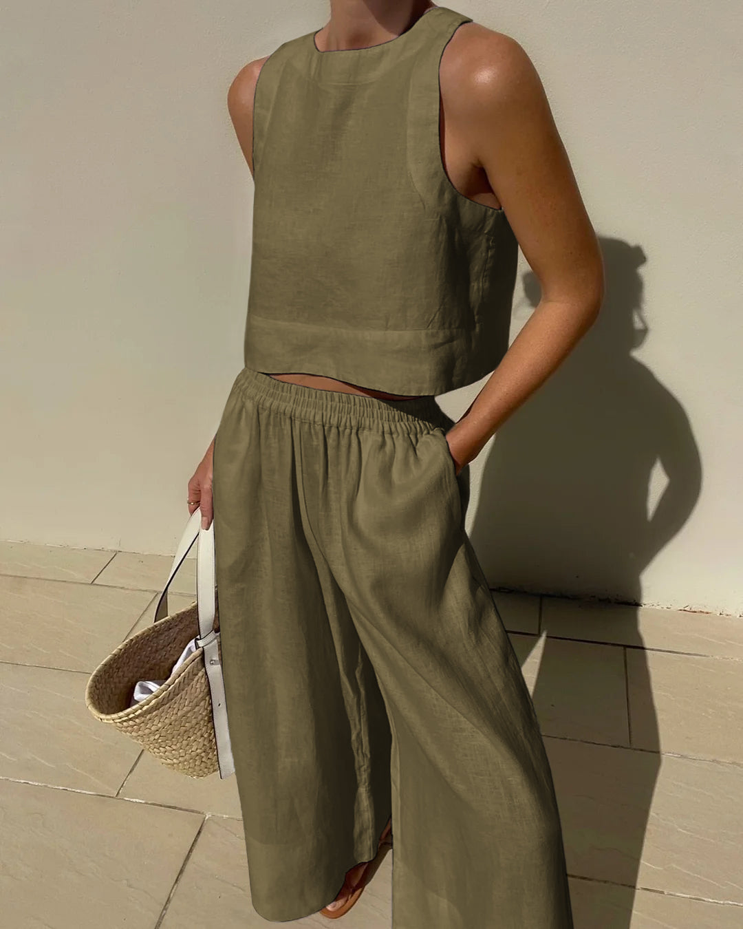 Joza Airy Linen Set For Women Breathable Crop Top And Wide Leg Pants Stylish Summer Outfit