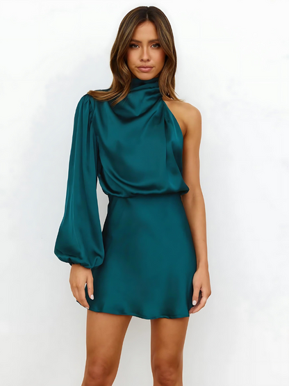 Asymmetrical One-Shoulder Mini Dress With High Collar And Dramatic Sleeve For Fashion-Forward Partygoers