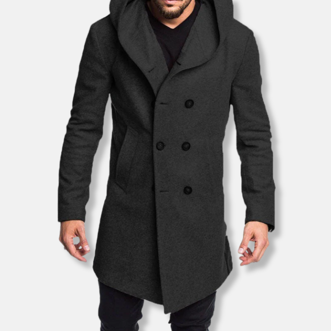 Nordisk Flair Men's Wool Long Coat Hooded Double Breasted Slim Fit Formal Outerwear