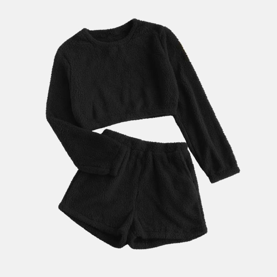 Women’s Two-Piece Loungewear Set – Textured Plush – Cropped Long Sleeve Top – High-Waisted Shorts