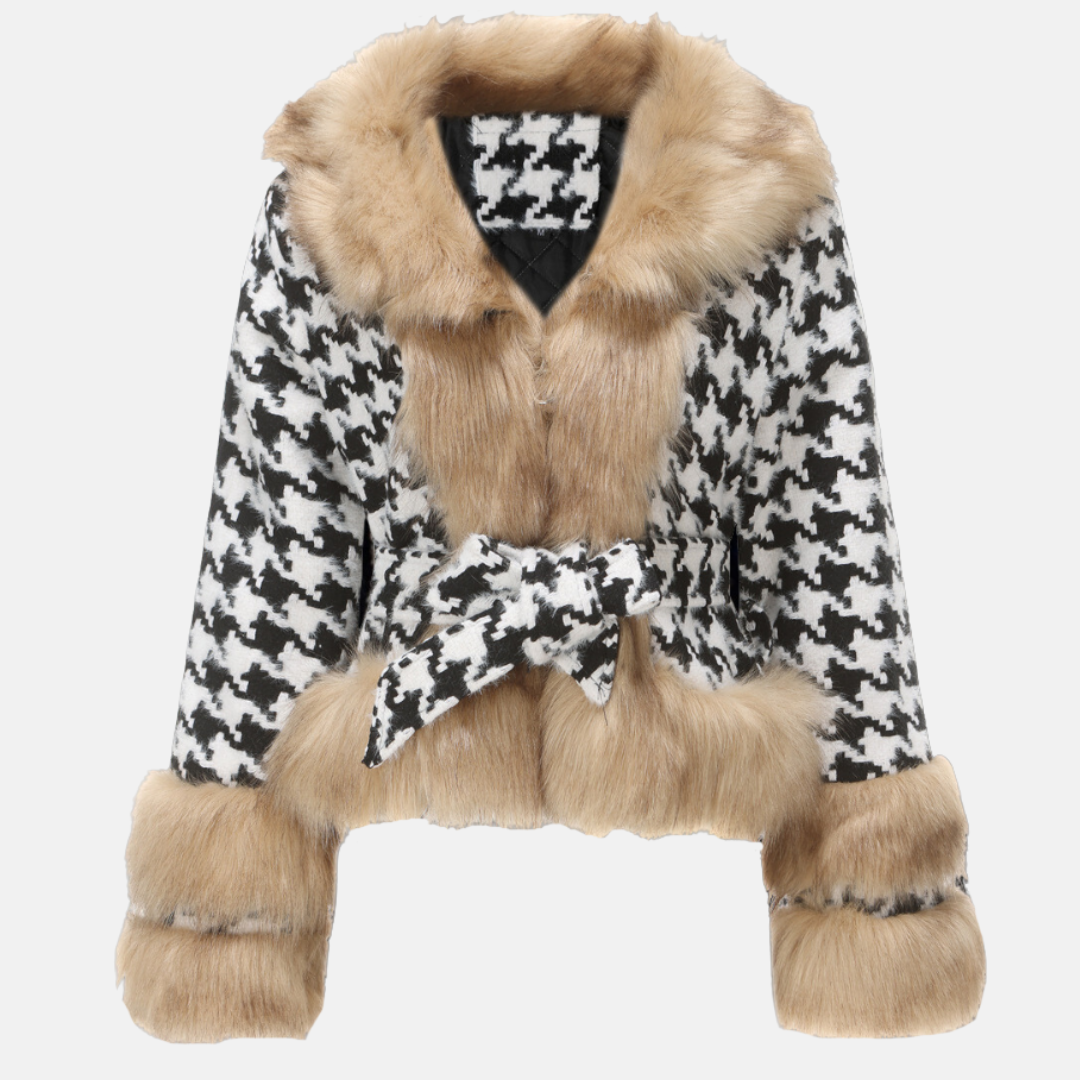 Women’s Short Coat – Wool Blend – Houndstooth Pattern – Fur Trim – Belted Waist