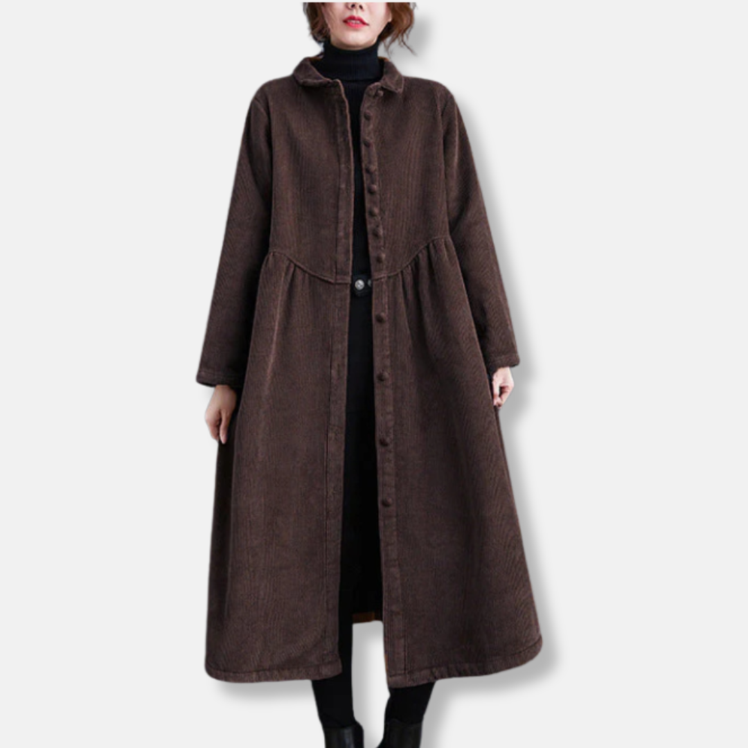 Women’s Long Coat – Corduroy Texture – A-Line Loose Fit – High Neck – Button Front – Midi Length