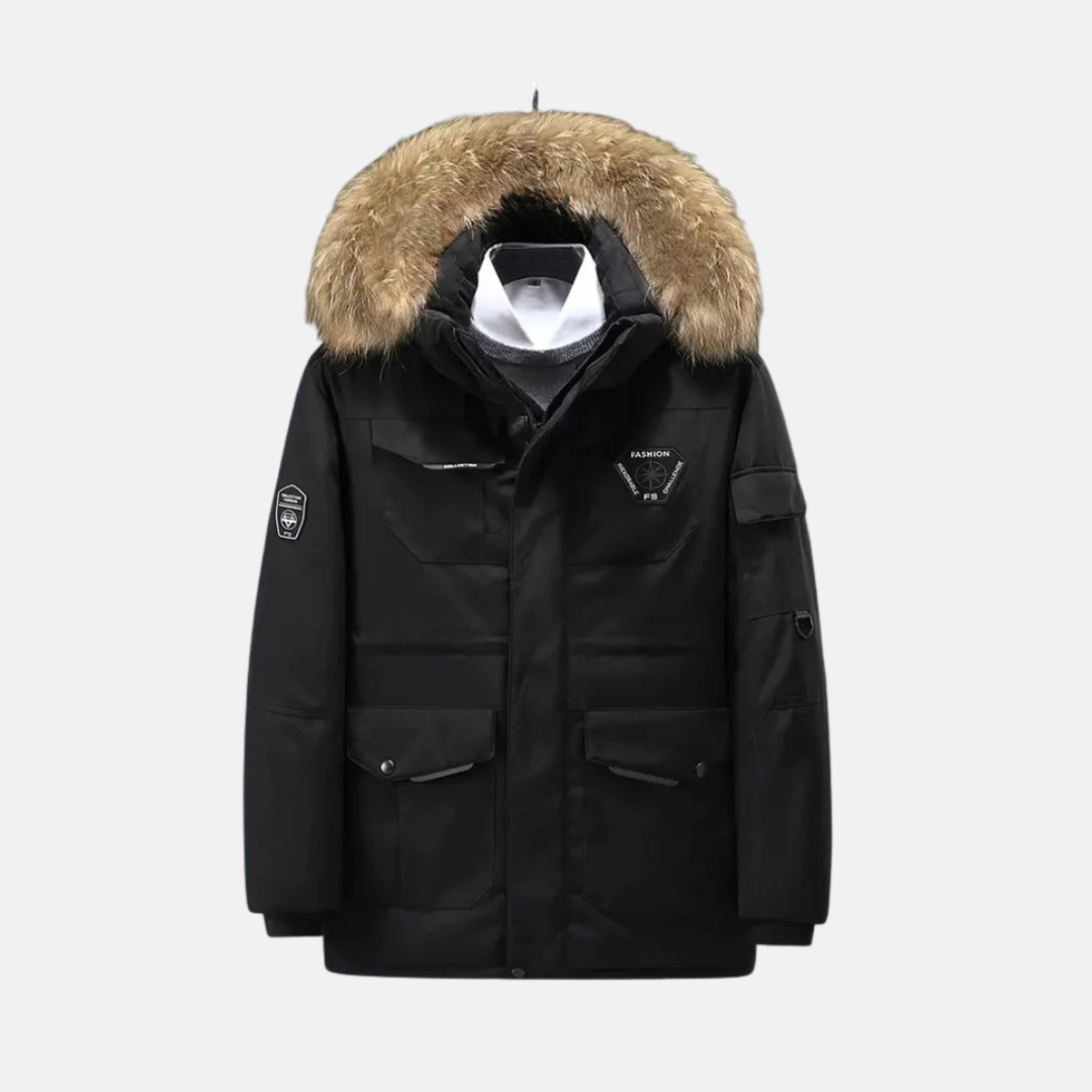 Mens Windproof Parka Jacket With Hood Faux Fur Trim Structured Fit Ribbed Cuffs And Utility Pockets