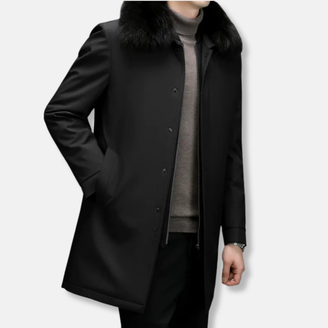 Men's Woven Blend Mid Length Jacket With Stand Collar And Detachable Faux Fur Collar