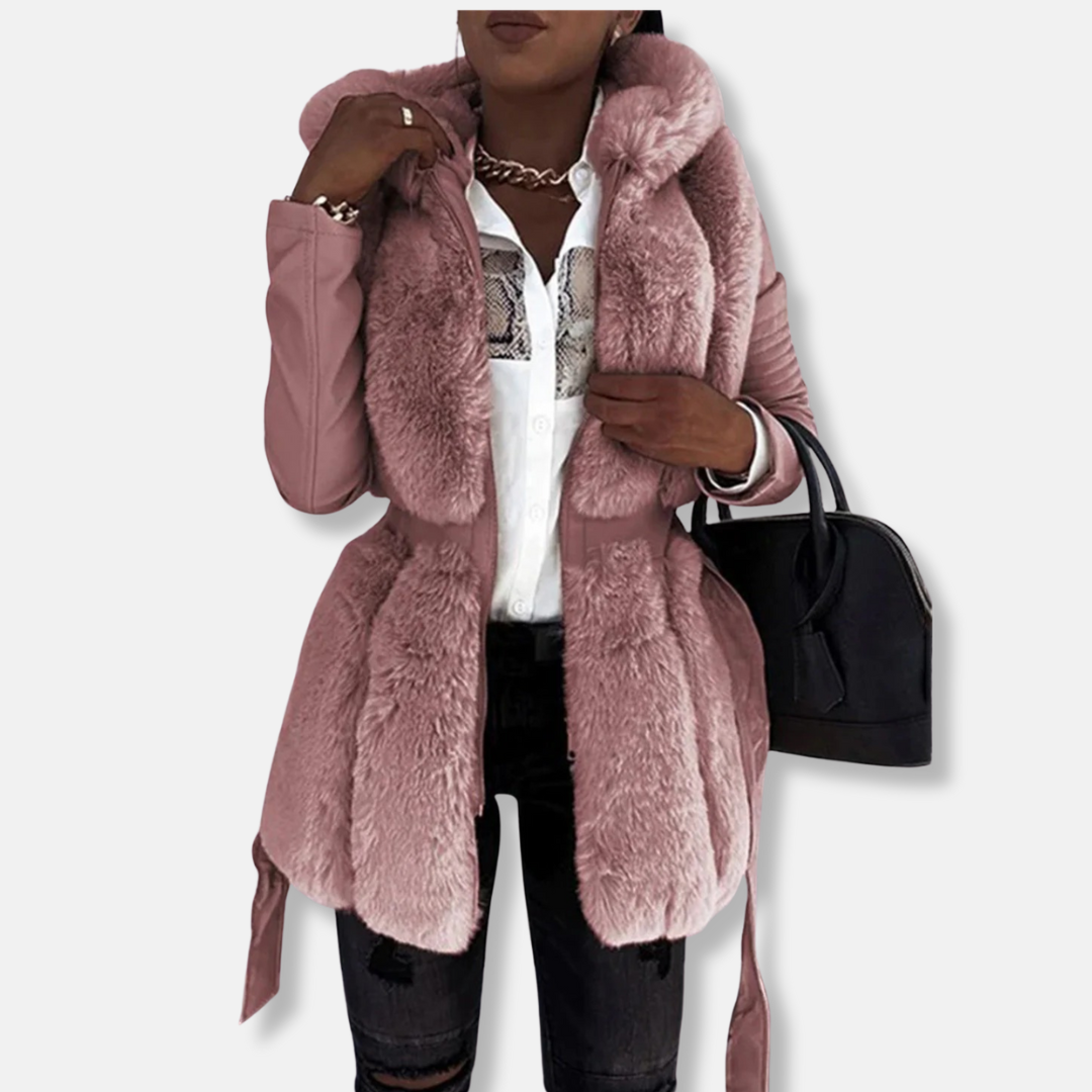 Women’s Tailored Jacket – Faux Leather – Faux Fur Collar – Quilted Sleeves – Belted Waist