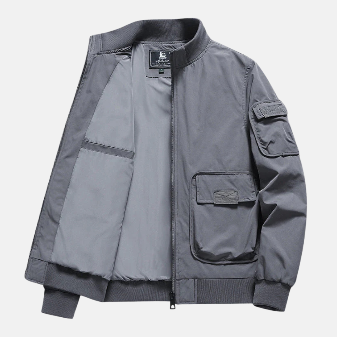Men's Navy Bomber Jacket With Relaxed Fit, Wind-Resistant, Full Zip, Patch Pockets By TrendAura