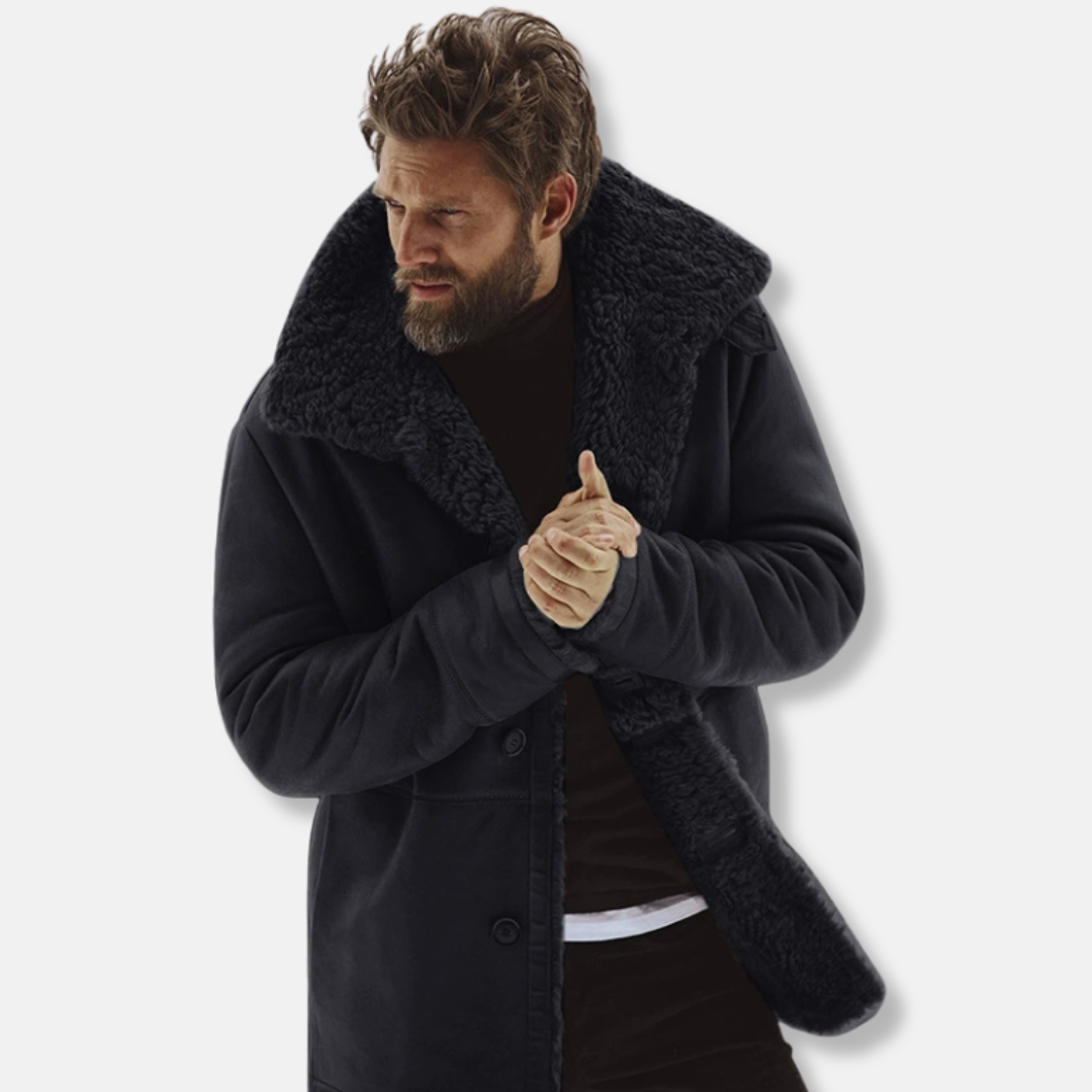 Nordisk Flair Men's Shearling Collar Wool Blend Coat With Relaxed Fit Mid Thigh Length Green