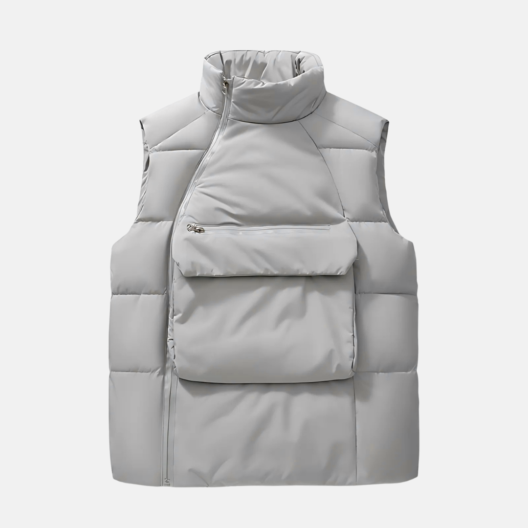 Men's Quilted Puffer Vest In Woven Fabric With Stand Collar And Asymmetrical Zip