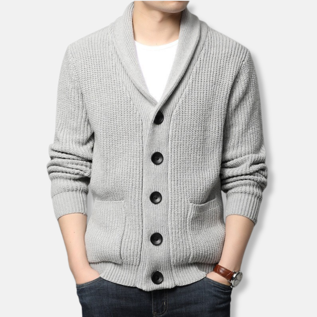 Men's Cardigan Sweater Ribbed Knit With Shawl Collar And Button Front Patch Pockets