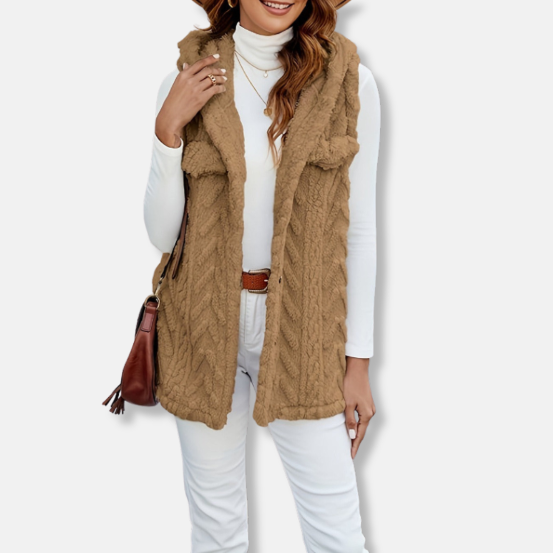 Women’s Hooded Vest – Cable Knit – Fuzzy Texture – Button Front – Relaxed Fit – Pockets