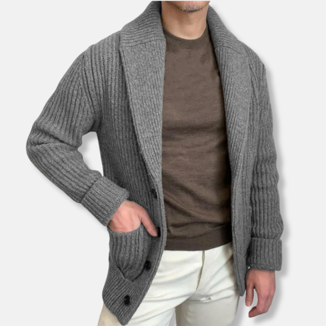 Men's Cardigan In Wool Blend With Relaxed Fit Shawl Collar Ribbed Knit Button Front
