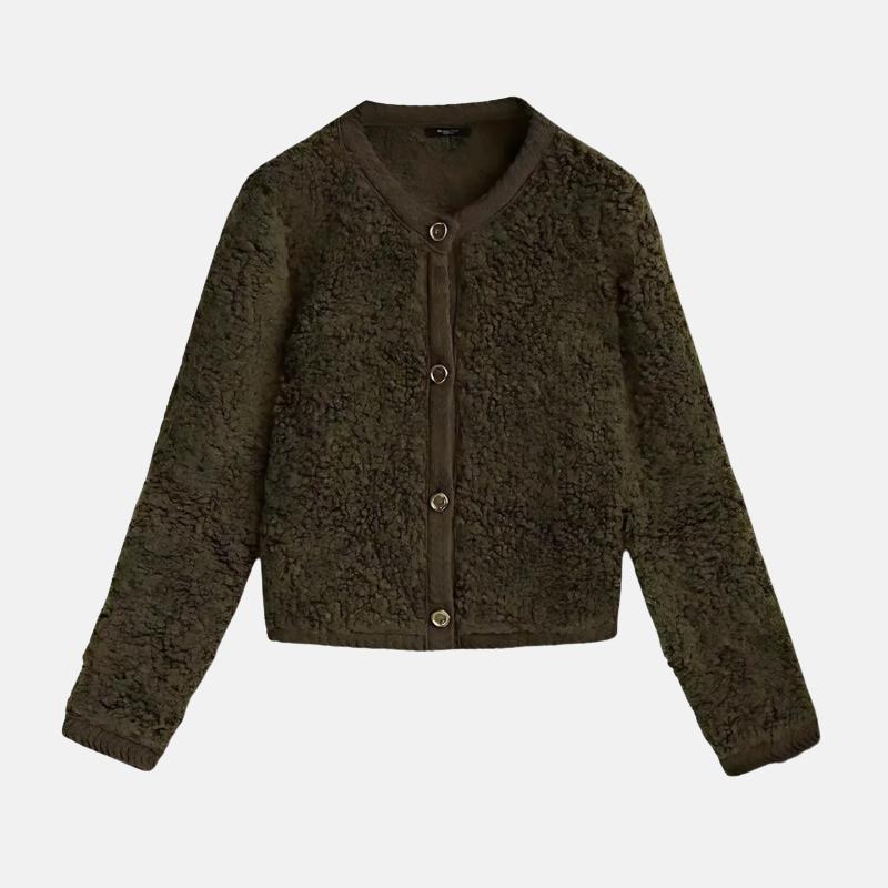 Women’s Cardigan - Knit - Cropped Length - Collarless Round Neck - Long Sleeve