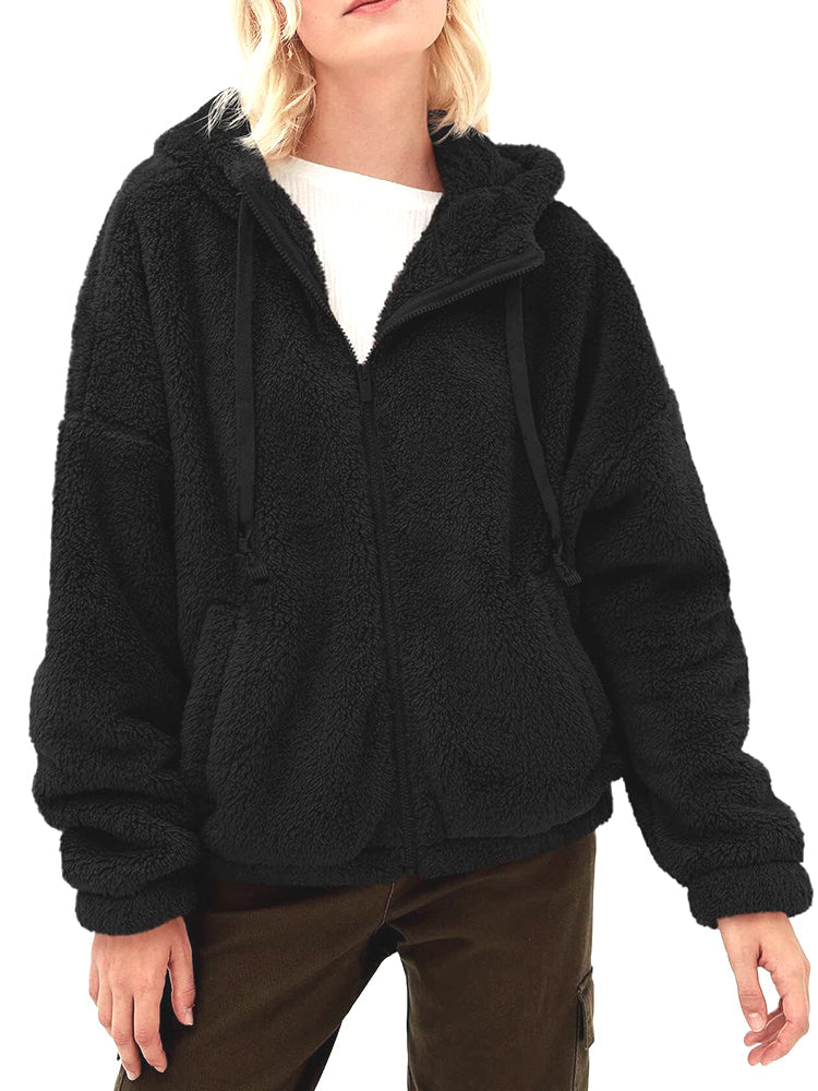 Oversized Sherpa Fleece Hoodie With Full Zip Closure For Women Cozy Warmth And Slanted Front Pockets