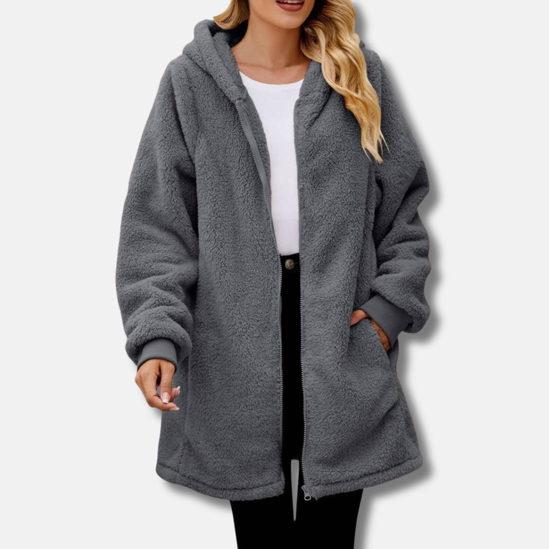 Women’s Hooded Zipper Jacket – Plush Oversized Fit – Ribbed Cuffs – Front Pockets