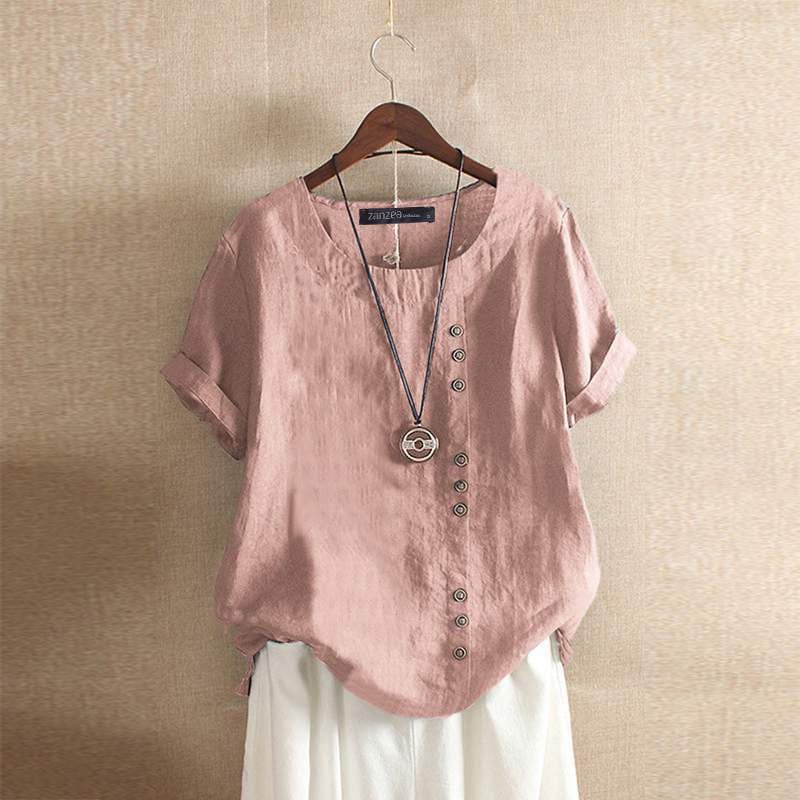 Women’s Blouse – Relaxed Fit – Cotton Blend – Short Sleeve – Asymmetrical Front Buttons