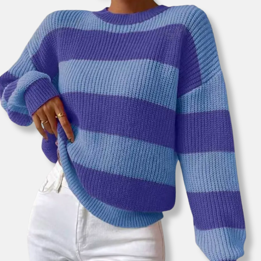Women’s Sweatshirt – Ribbed Knit – Loose Fit – Balloon Sleeves – Round Neck – Striped
