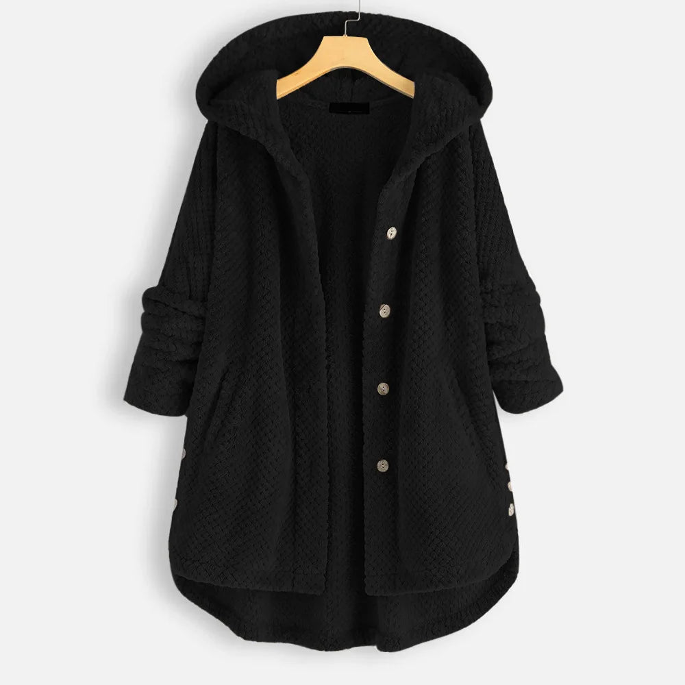 Nordic Fleece Oversized Hooded Jacket | Button Front Pockets Jacket