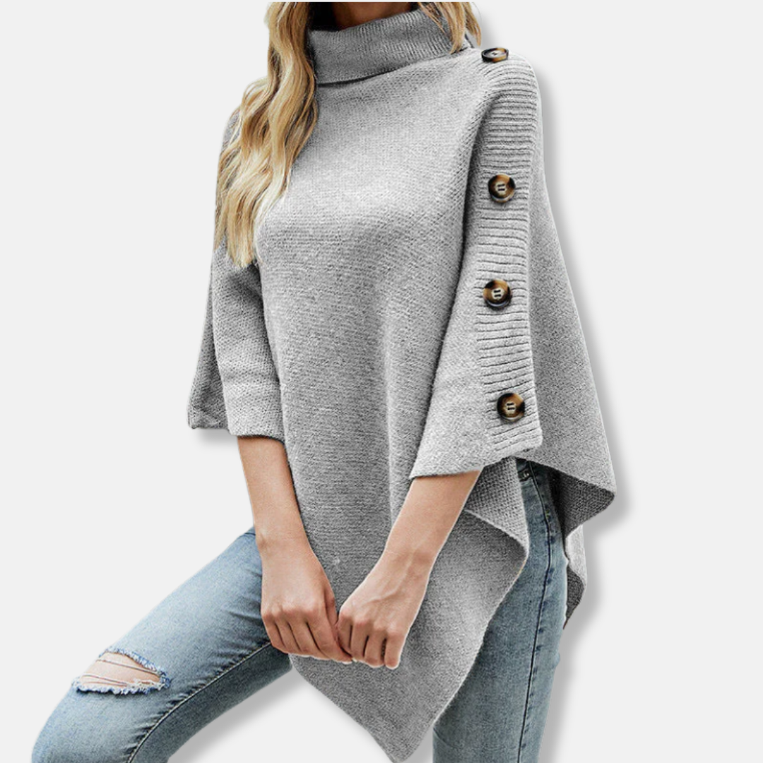 Women’s Poncho – Knitted Fabric – High Neck – Oversized Fit – Asymmetrical Hem