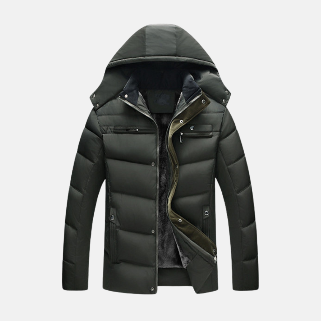 Men's Padded Coat Water Resistant Quilted Design With Fleece Hood And Snap Zip Closure By TrendAura
