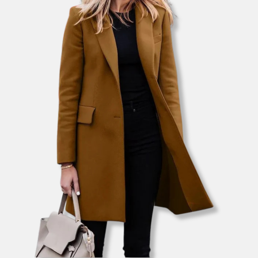 Women’s Longline Coat – Tailored Fit – Wool Blend – Notched Lapels – Flap Pockets