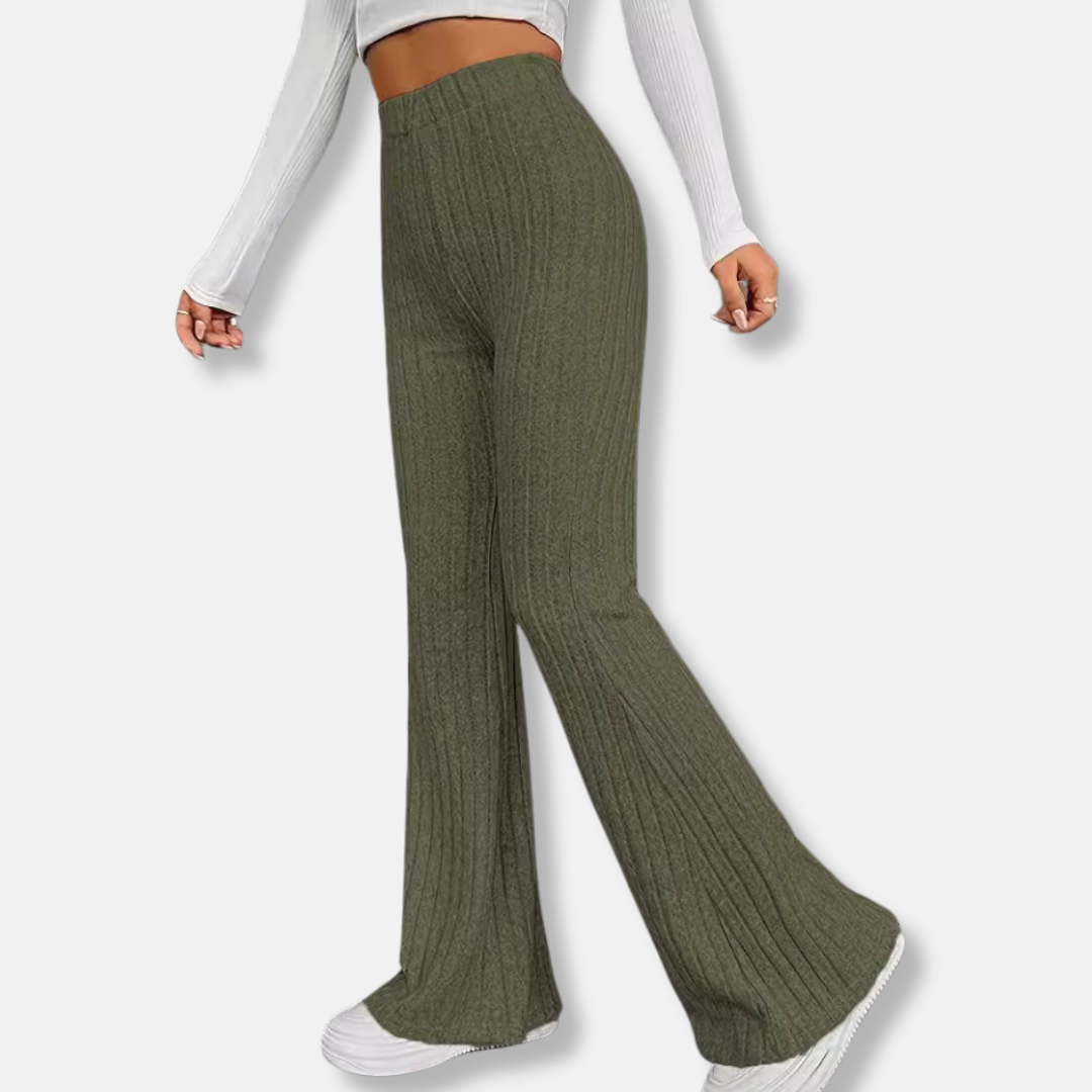 Women’s Trousers – High Waist – Ribbed Knit Stretch – Slim Fit – Flared Leg – Full Length