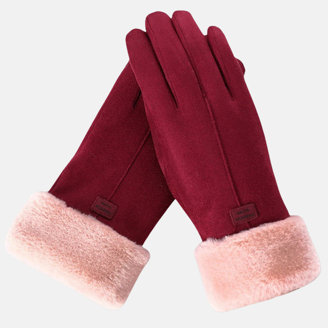 Women’s Gloves - Suede-Like Textile - Slim Fit - Wrist Length - Touchscreen Compatible - Faux Fur Cuff