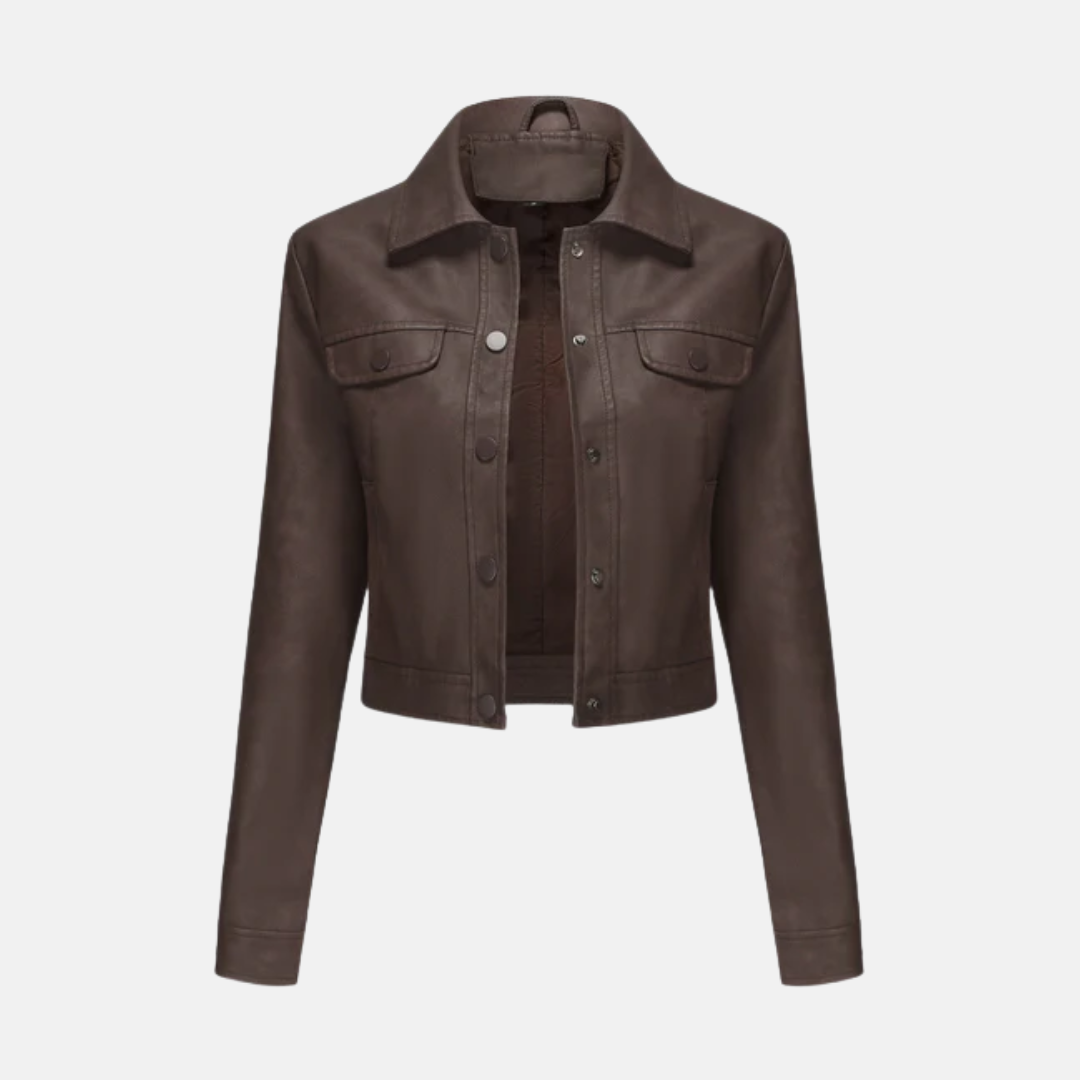 Women’s Cropped Jacket – Structured Fit – Woven Texture – Snap Front – Point Collar