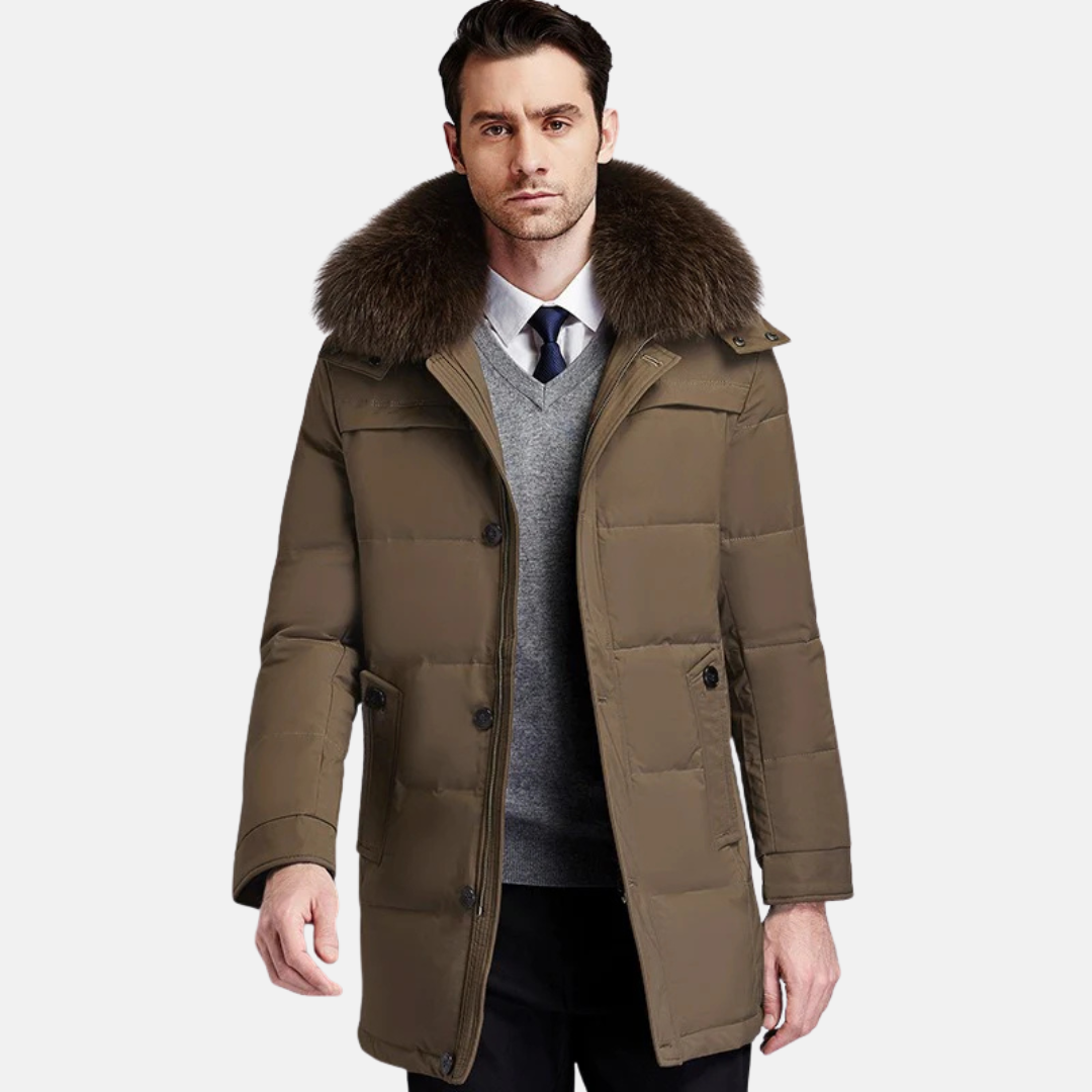 Mens Puffer Coat With Detachable Fur Trim Stand Up Collar Mid Length Woven Outerwear For Winter
