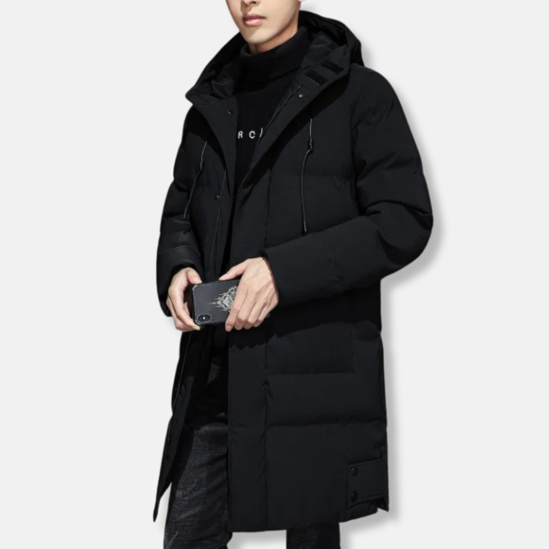 Men's Long Quilted Hooded Jacket With Zipper Front And Ribbed Cuffs Regular Fit Coat