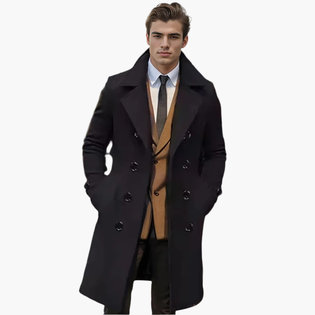 Mens Double Breasted Long Coat Elegant Modern Design For Professionals Premium Quality Outerwear Versatile Wardrobe Essential