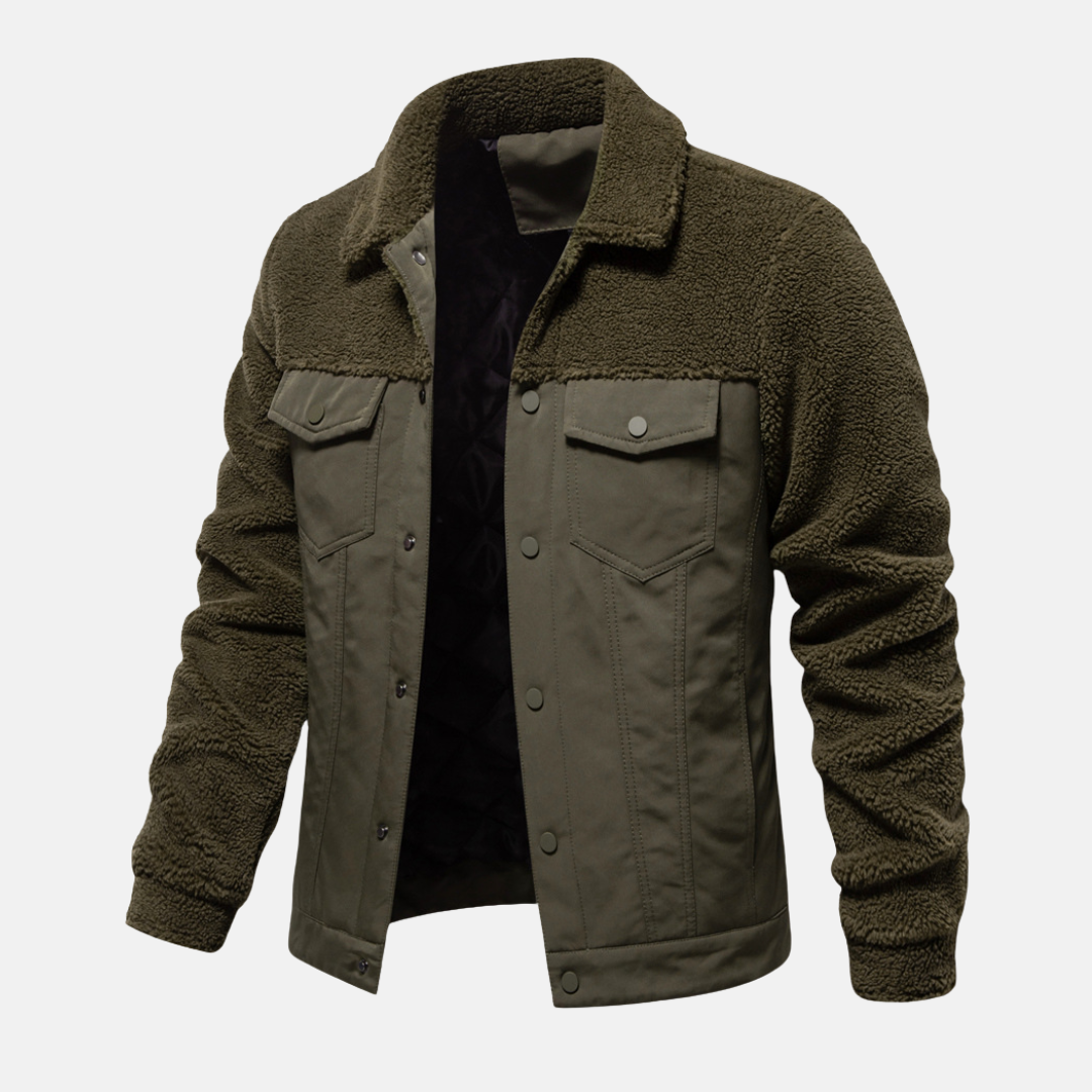 TrendAura Men's Mixed Material Hip Length Trucker Jacket With Point Collar And Snap Button Closure