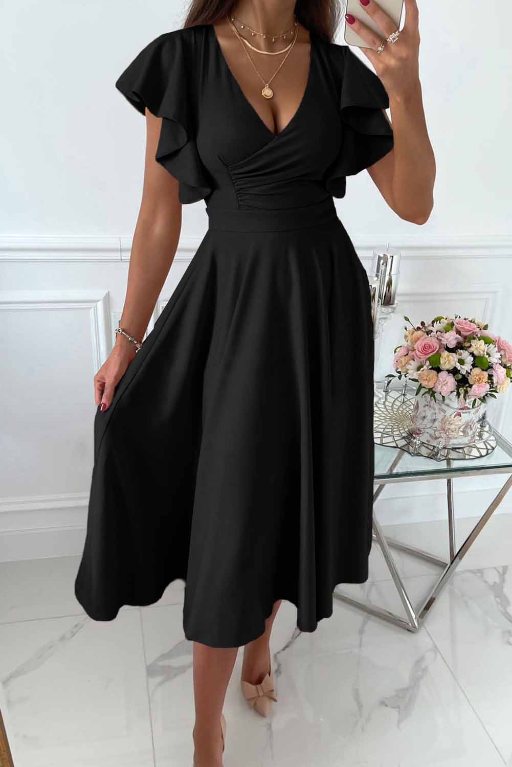 Women's Dress - Wrap Design - Ruffle Sleeves - V-Neck - Elegant and Feminine