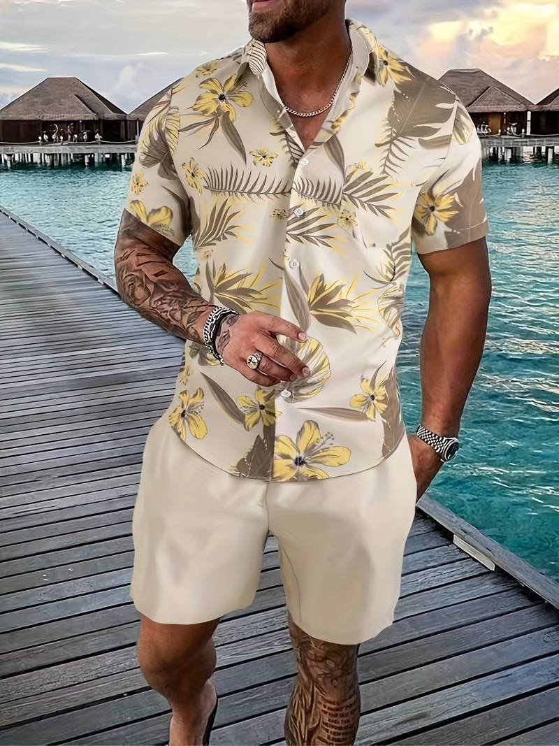 Men's Short Sleeve Lightweight Hawaiian Shirt With Floral Pattern, Relaxed Fit For Summer