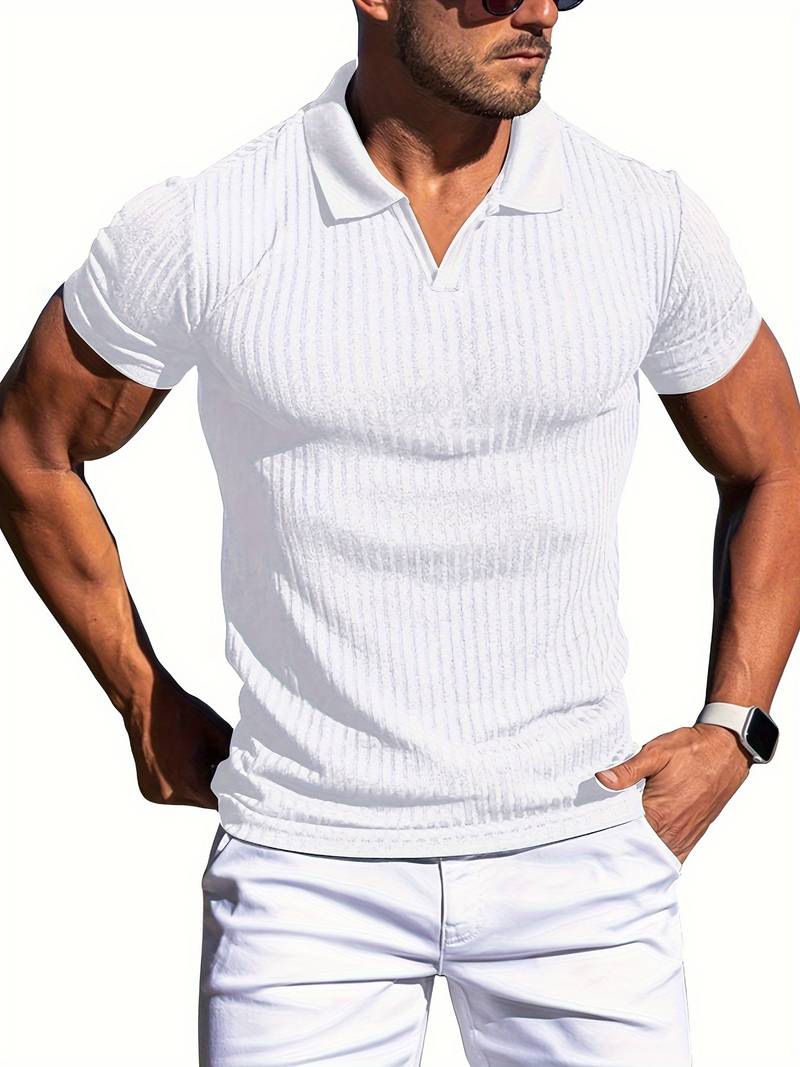Mens Ribbed Knit Polo Shirt Slim Fit Short Sleeve Casual Stylish Comfortable Everyday Wear