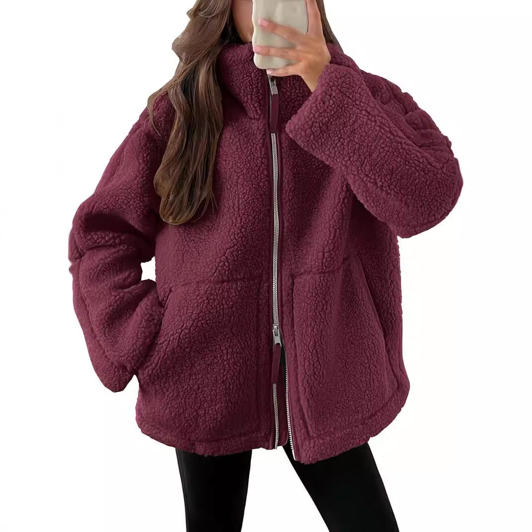 TrendAura Wool Blend Zip Up Jacket For Women Cozy Warmth In Modern Fit Winter Essential