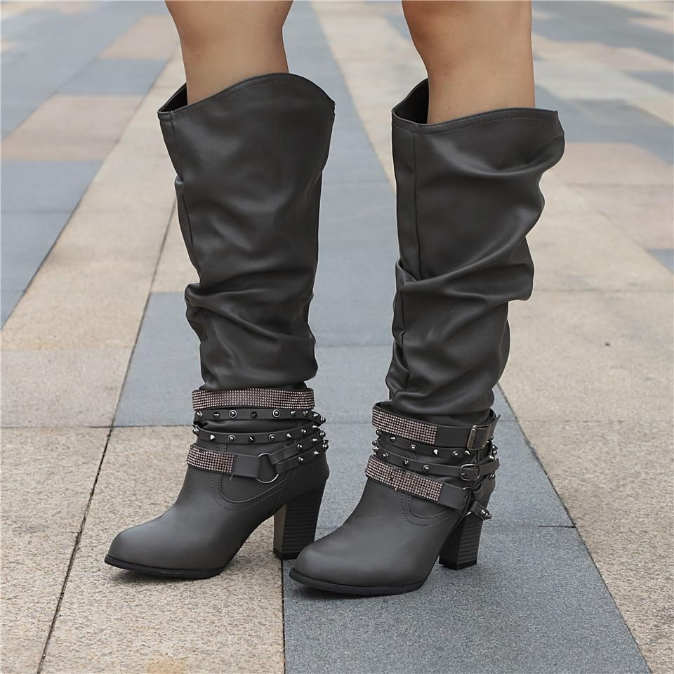 Women's Knee-High Slouchy Boots with Block Heel and Versatile Style
