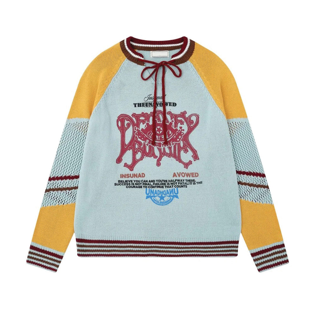 Varsité Moderne Striped Knit Sweater With Lace Up Collar Detail 100 Percent Cotton Relaxed Fit For Everyday Casual Wear