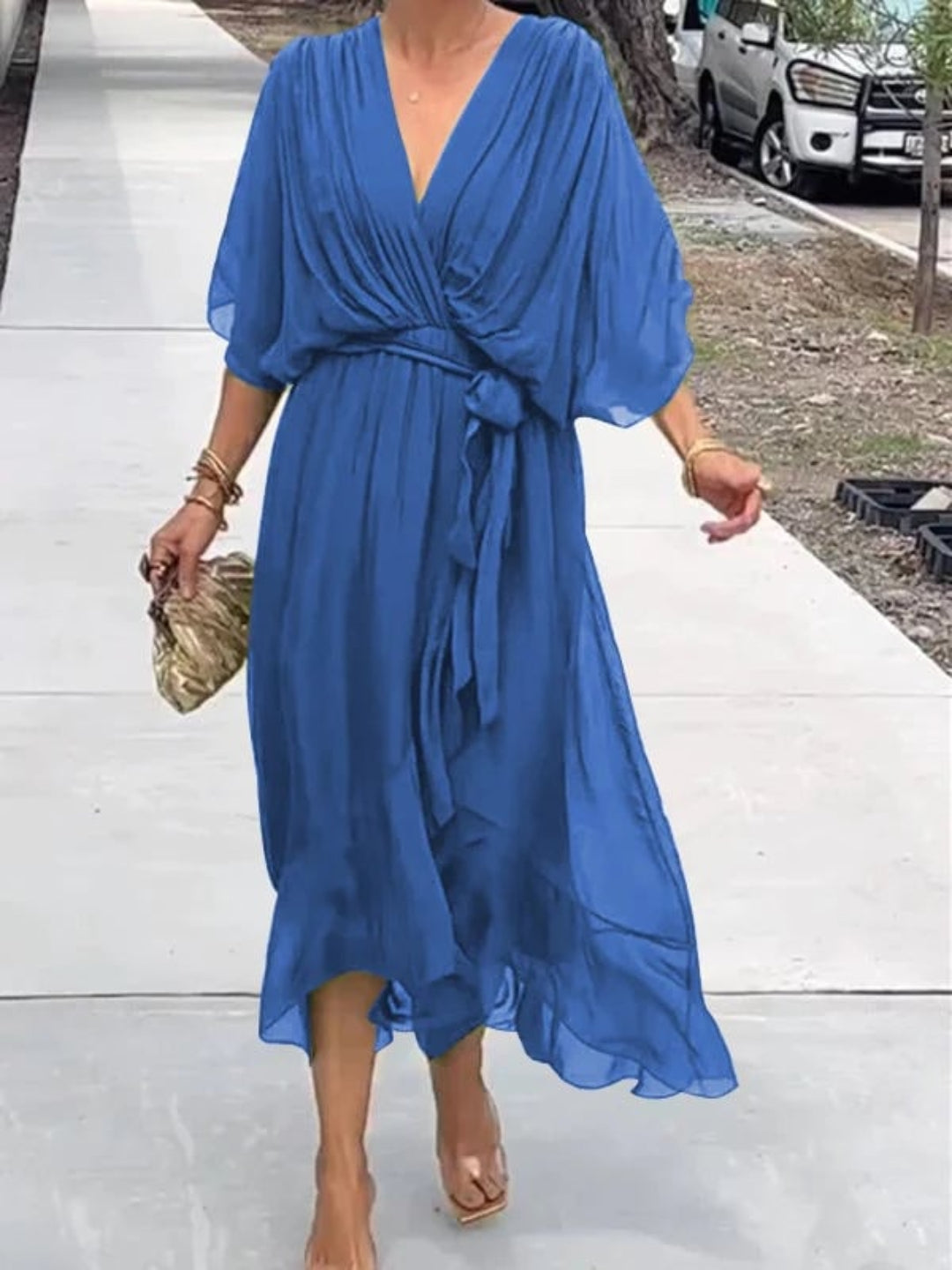 Lilia Crossed Chiffon Dress With Wide Sleeves And Belted Waist For Elegant Women