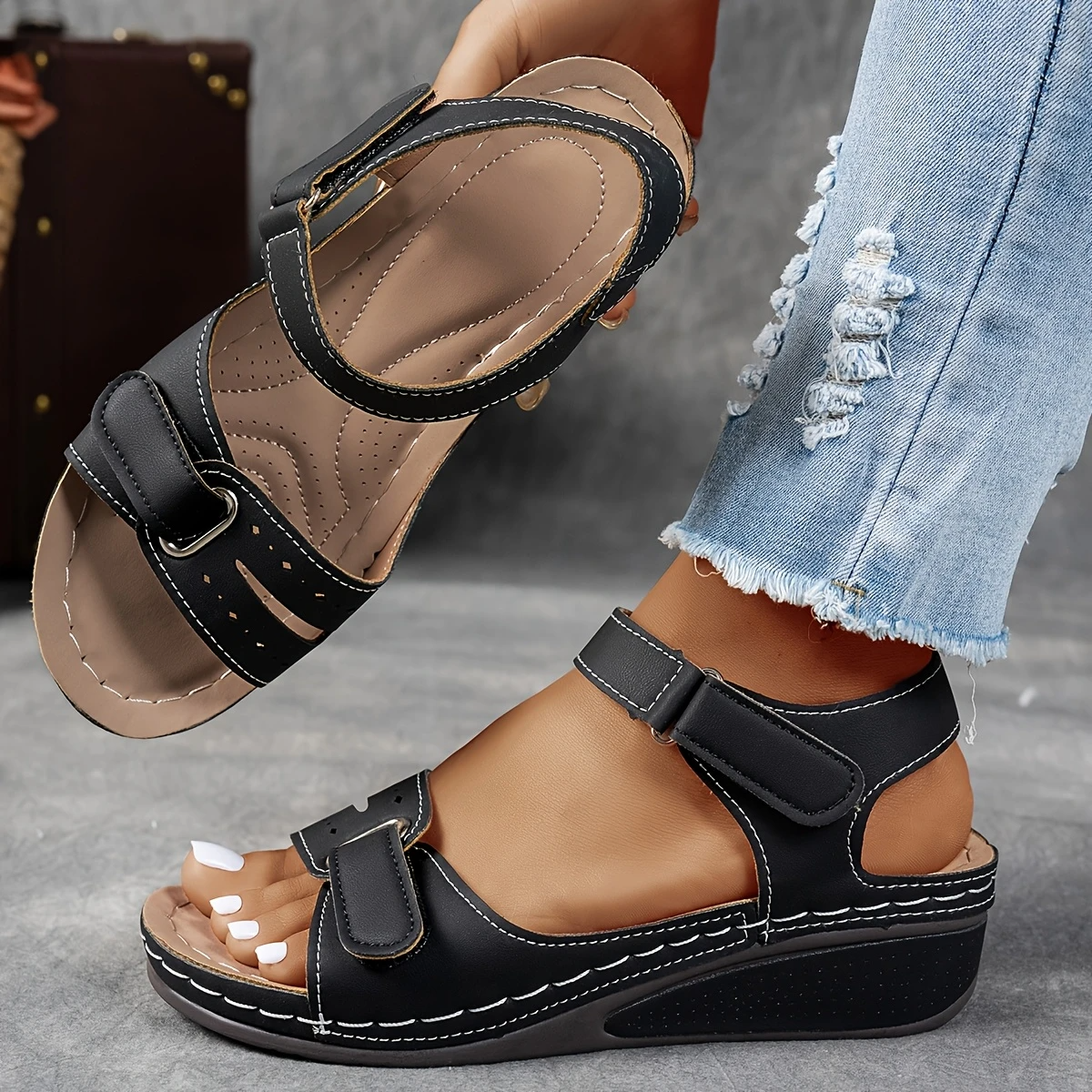 Women's Platform Wedge Sandals with Cushioned Footbed and Adjustable Strap