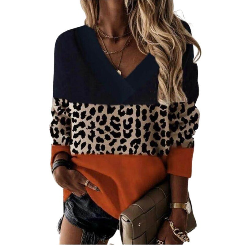 Leopard Print V Neck Sweater For Women Versatile Long Sleeve Soft Polyester Blend Flattering Fit