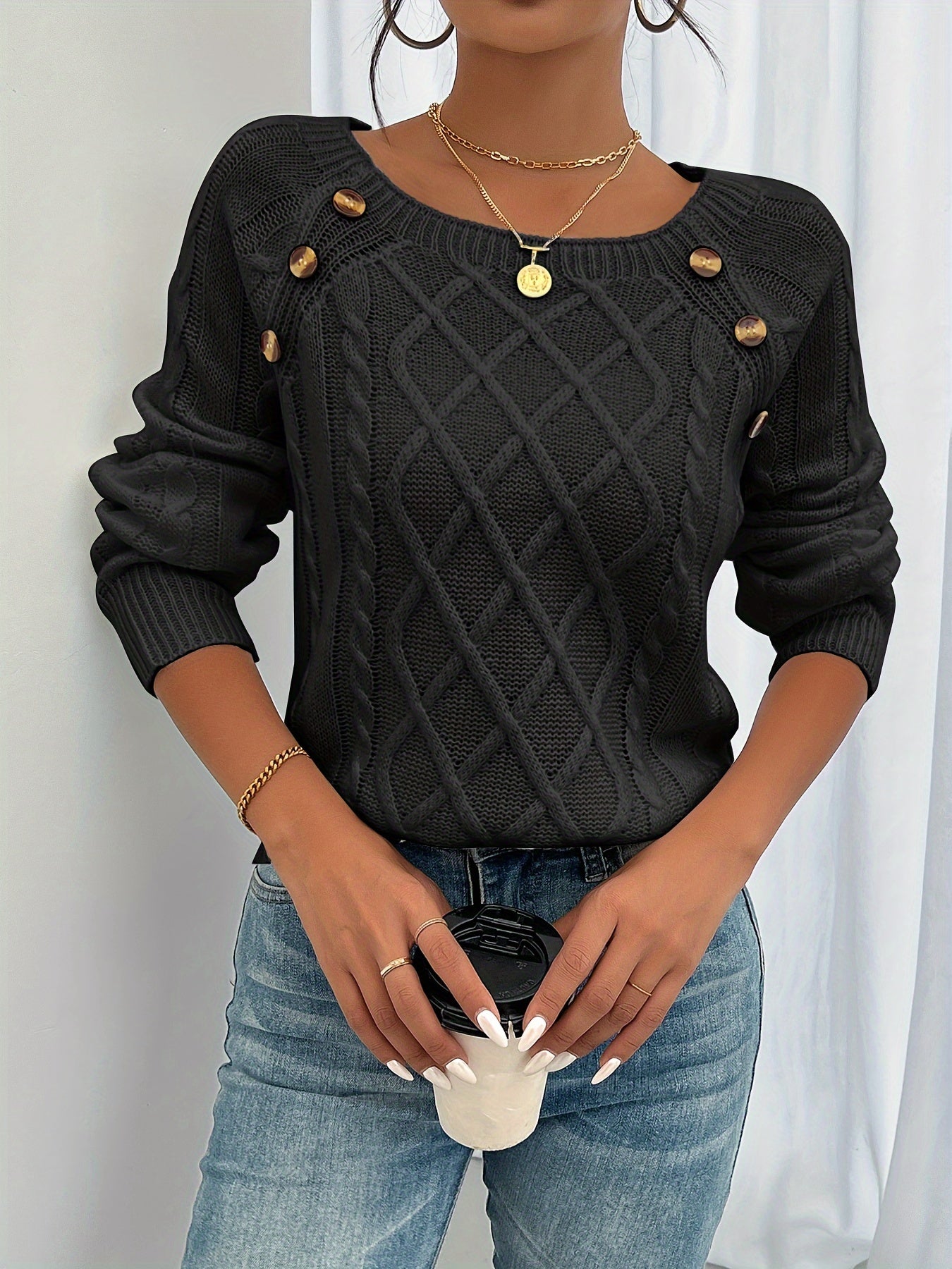 Olivine Women Cable Knit Sweater Cozy Warmth Crew Neck Pullover For Everyday Style
