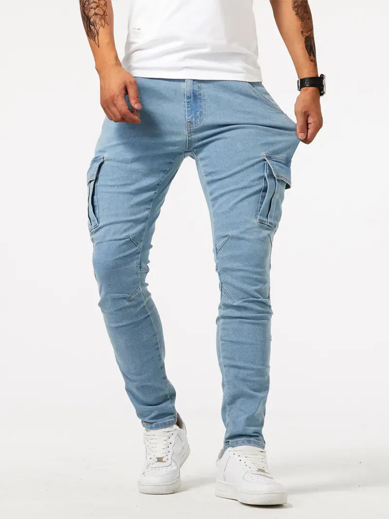 Slim fit multi-pocket jeans for men - stretch denim cargo pants