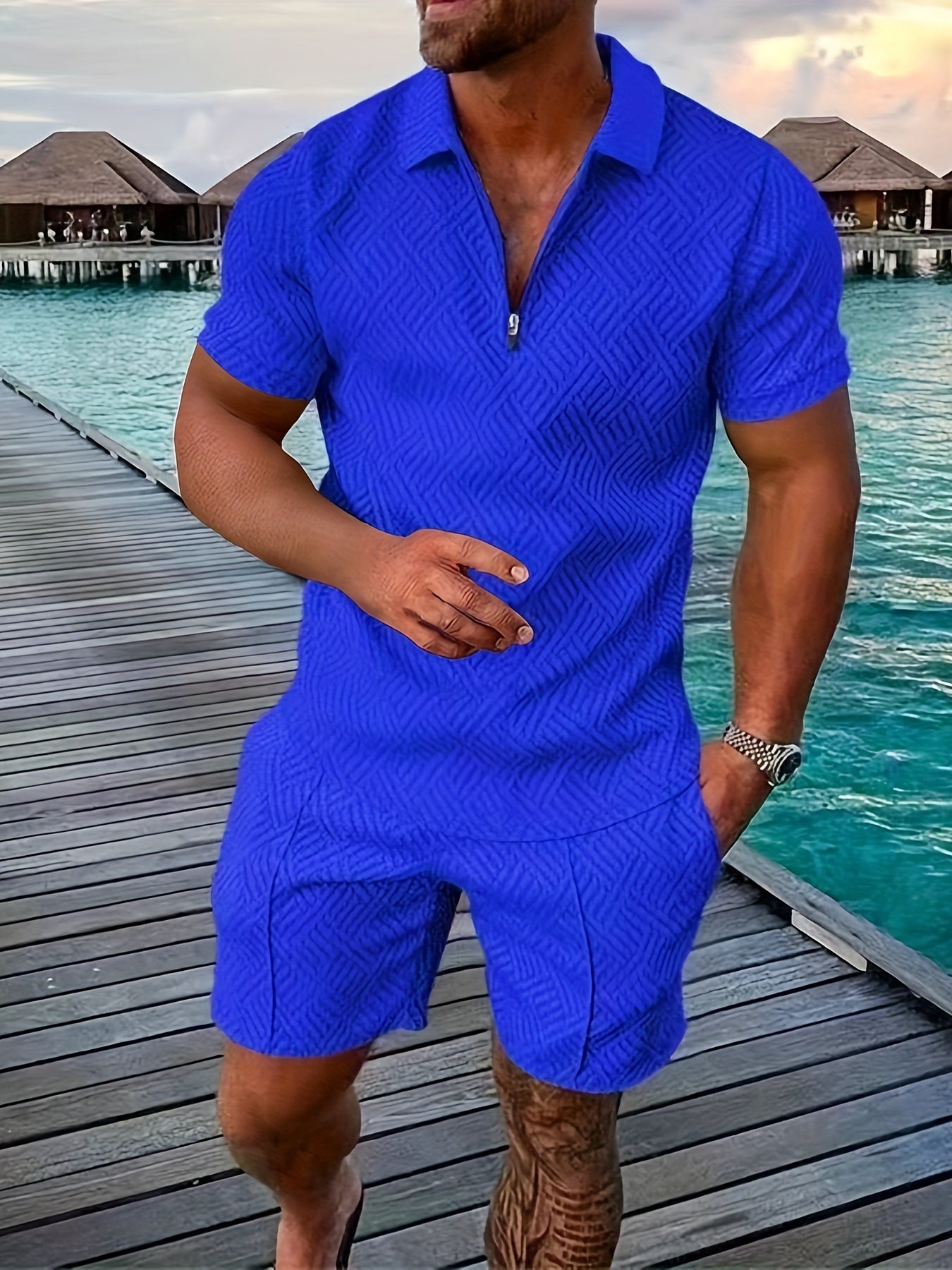 Men's Romper Breathable Cotton Blend Short Sleeve With Zipper Closure Geometric Design