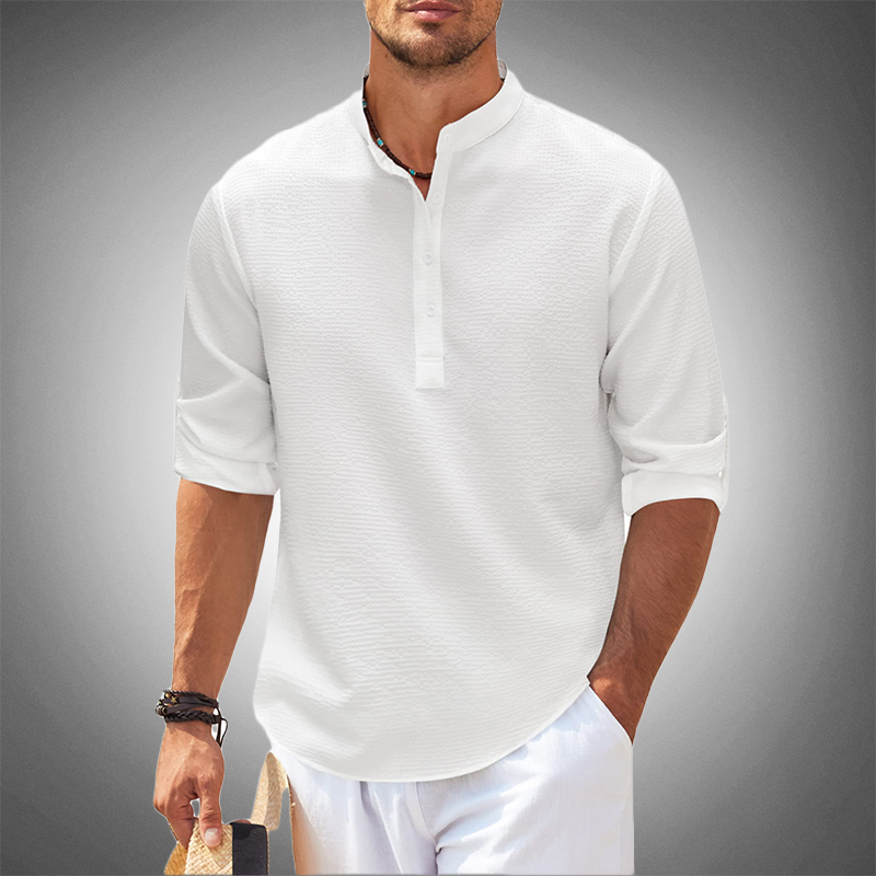 Mens Mandarin Collar Shirt With Half Button Closure Relaxed Fit Long Sleeve Casual Everyday Wear