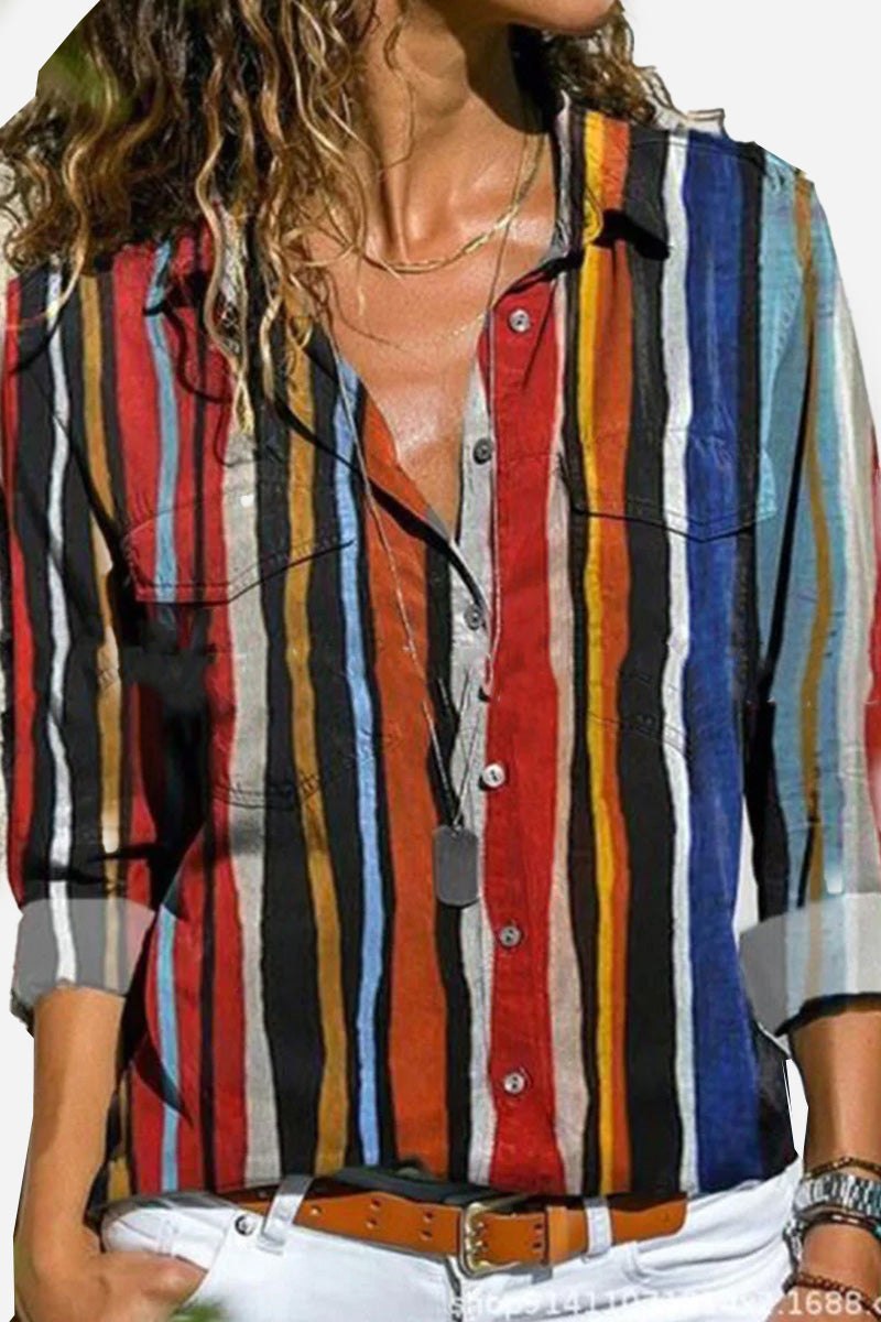Women's Striped Button-Down Long Sleeve Shirt with Versatile Style and Easy Care - TrendAura