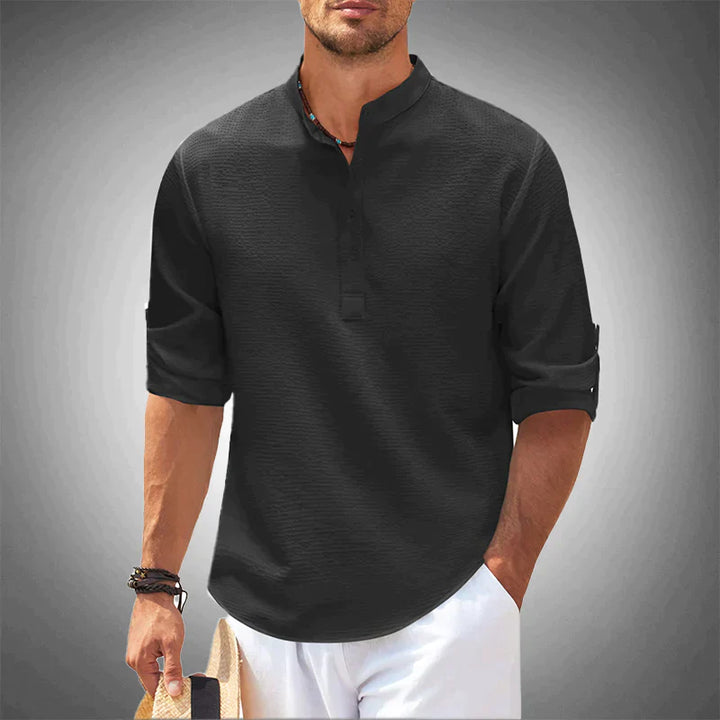 Men's Mandarin Collar Shirt With Textured Fabric Relaxed Fit Long Sleeve For Everyday Style