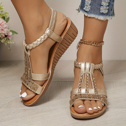 Women's Woven Sandals with Rhinestone Detail and Adjustable Strap