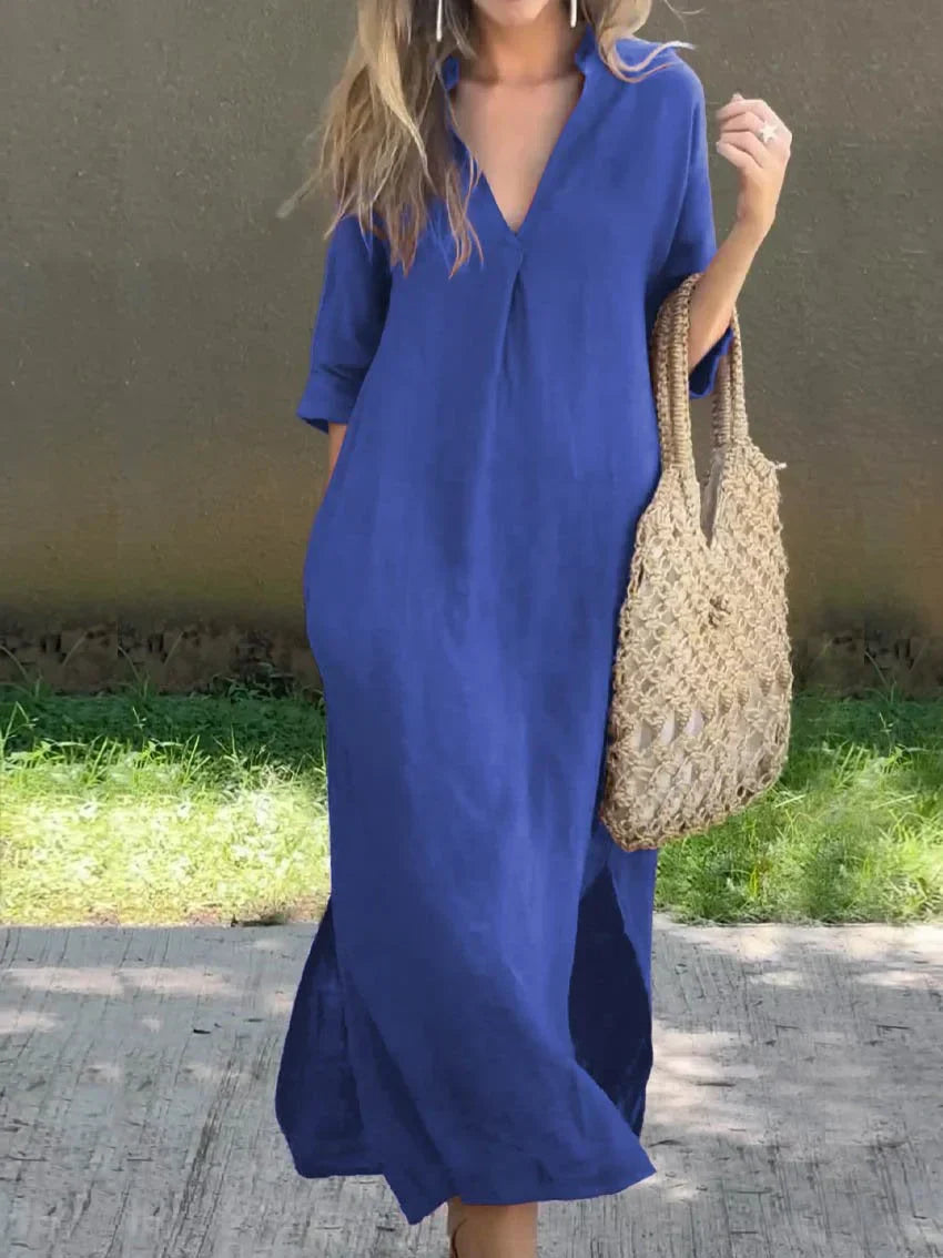 Nora Long V Neck Dress With Pockets For Women Elegant Comfort All Occasion Everyday Wear