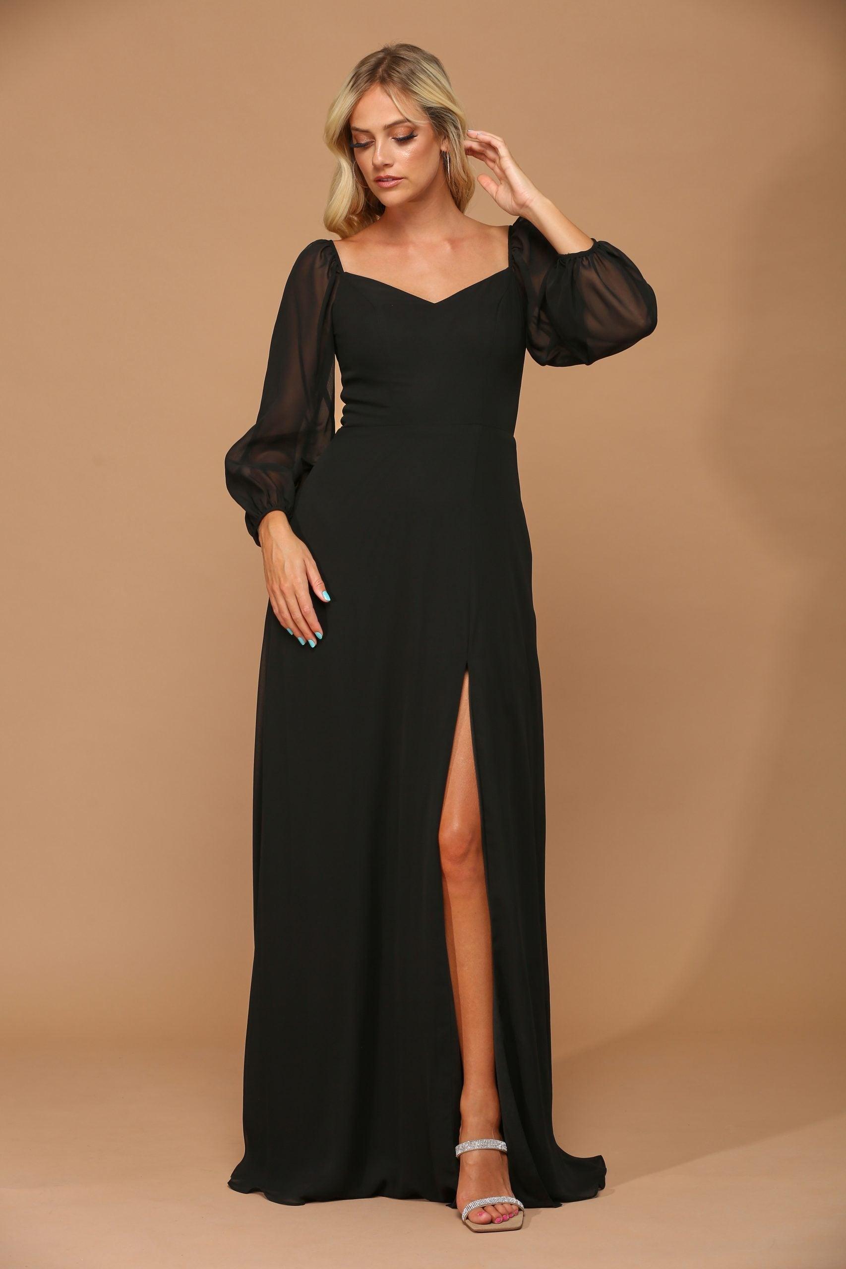 Black L Long Sleeve Formal Chiffon Dress Sale - TrendAura